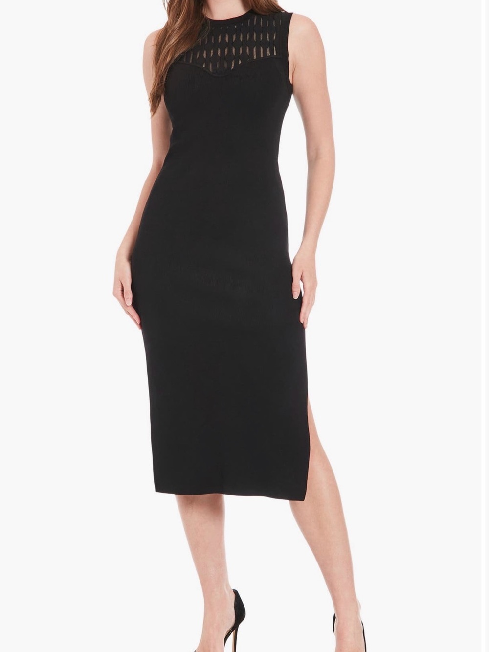 London Times Black Sleeveless Midi Dress with Mesh Yoke